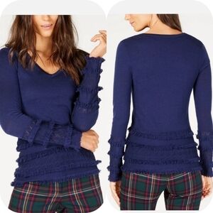 New Trina Turk Womens Merino Wool Pointelle Fringe-Trim Sweater Blue